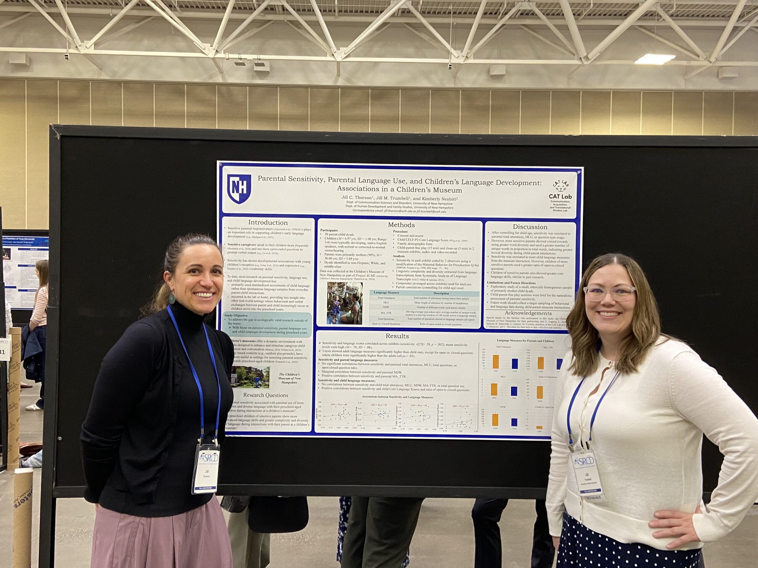 Two presenters standing in front of poster presentation.